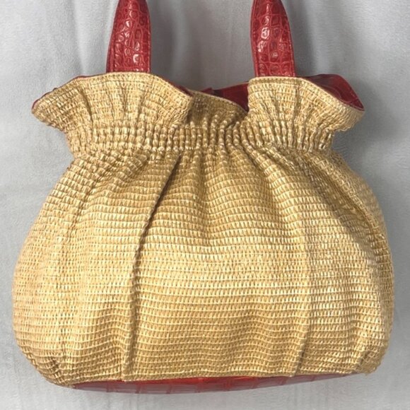 Vintage Bueno Tan Woven Straw Red Faux Leather Flower Satchel Bag - Picture 7 of 8